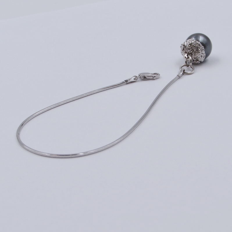 LG Black Cultured Pearl on 14Kt White Gold Snake Chain Bracelet S & K