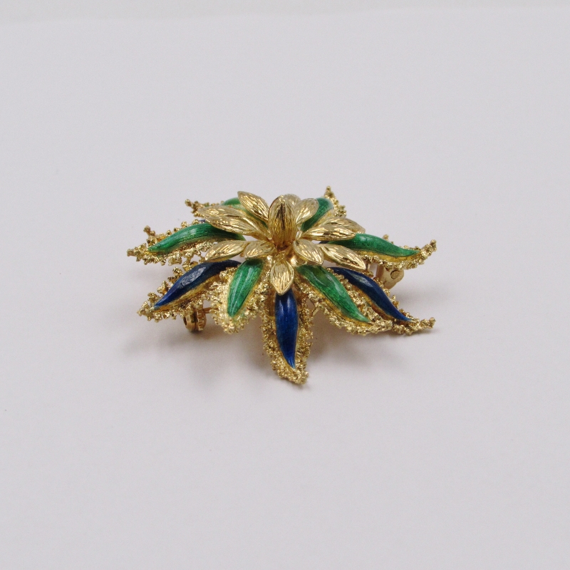 18Kt Yellow Gold “Opening Flower” Pin with Blue and Green Enamel - S ...