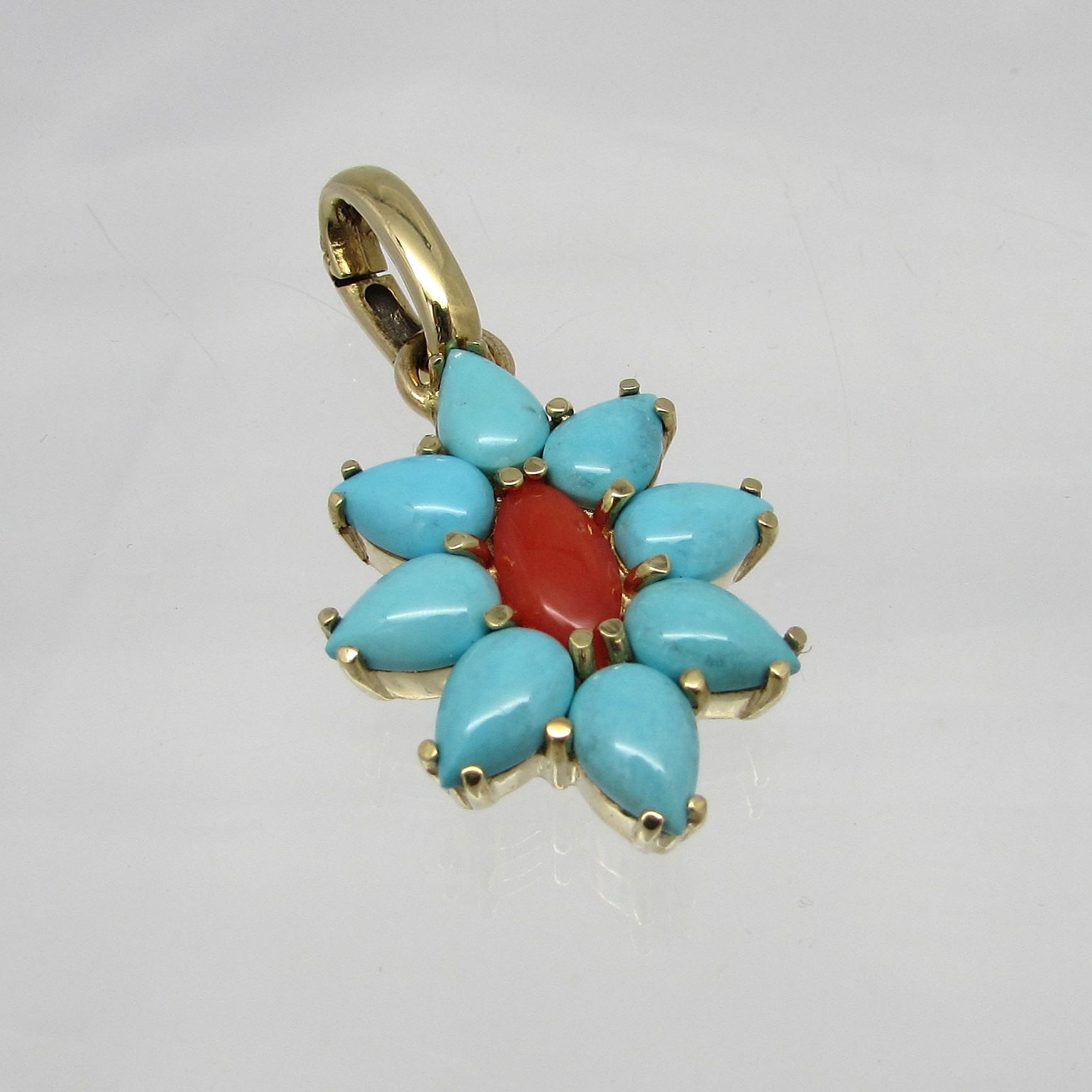 14Kt Yellow Gold Turquoise & Coral Enhancer Pendant