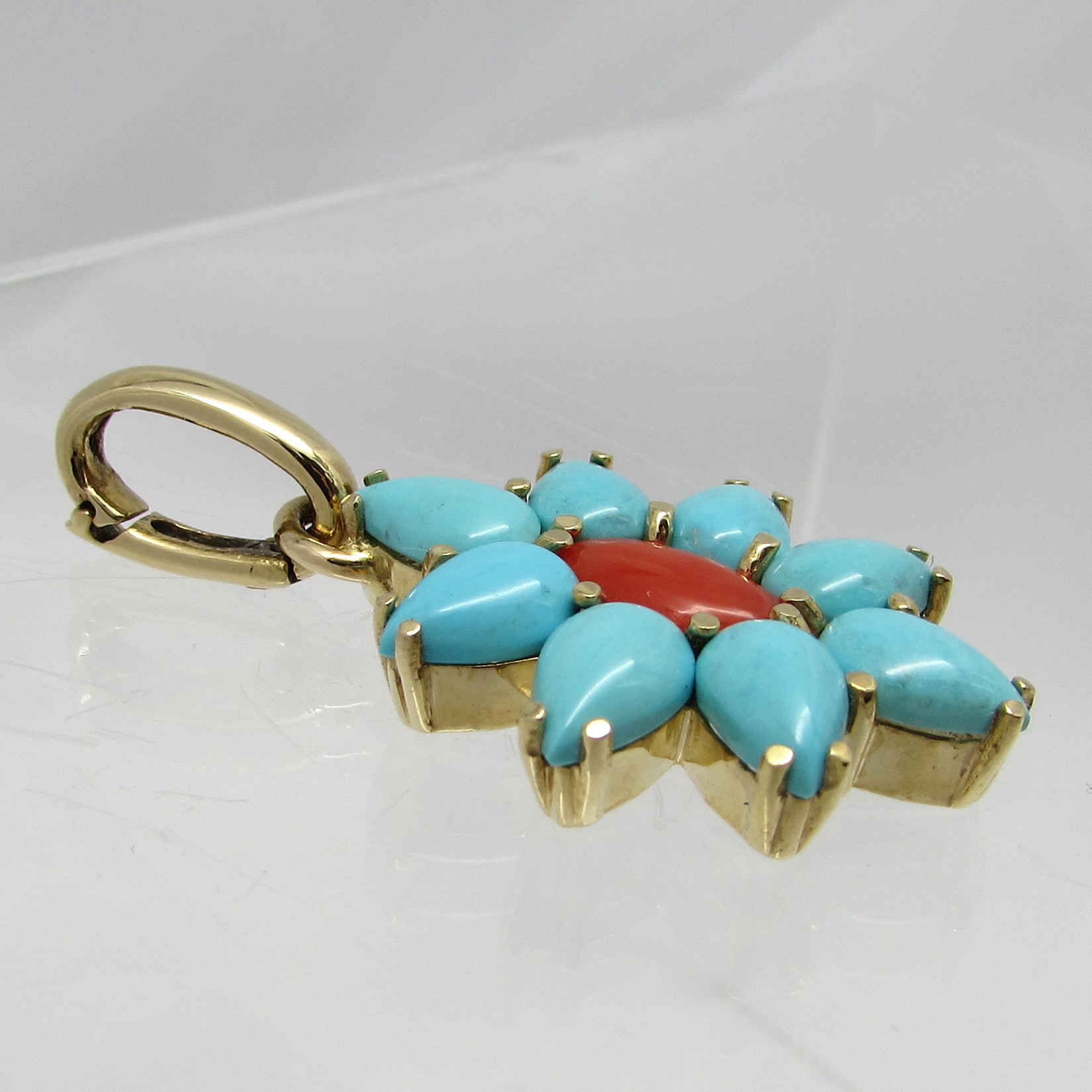 14Kt Yellow Gold Turquoise & Coral Enhancer Pendant - Image 2