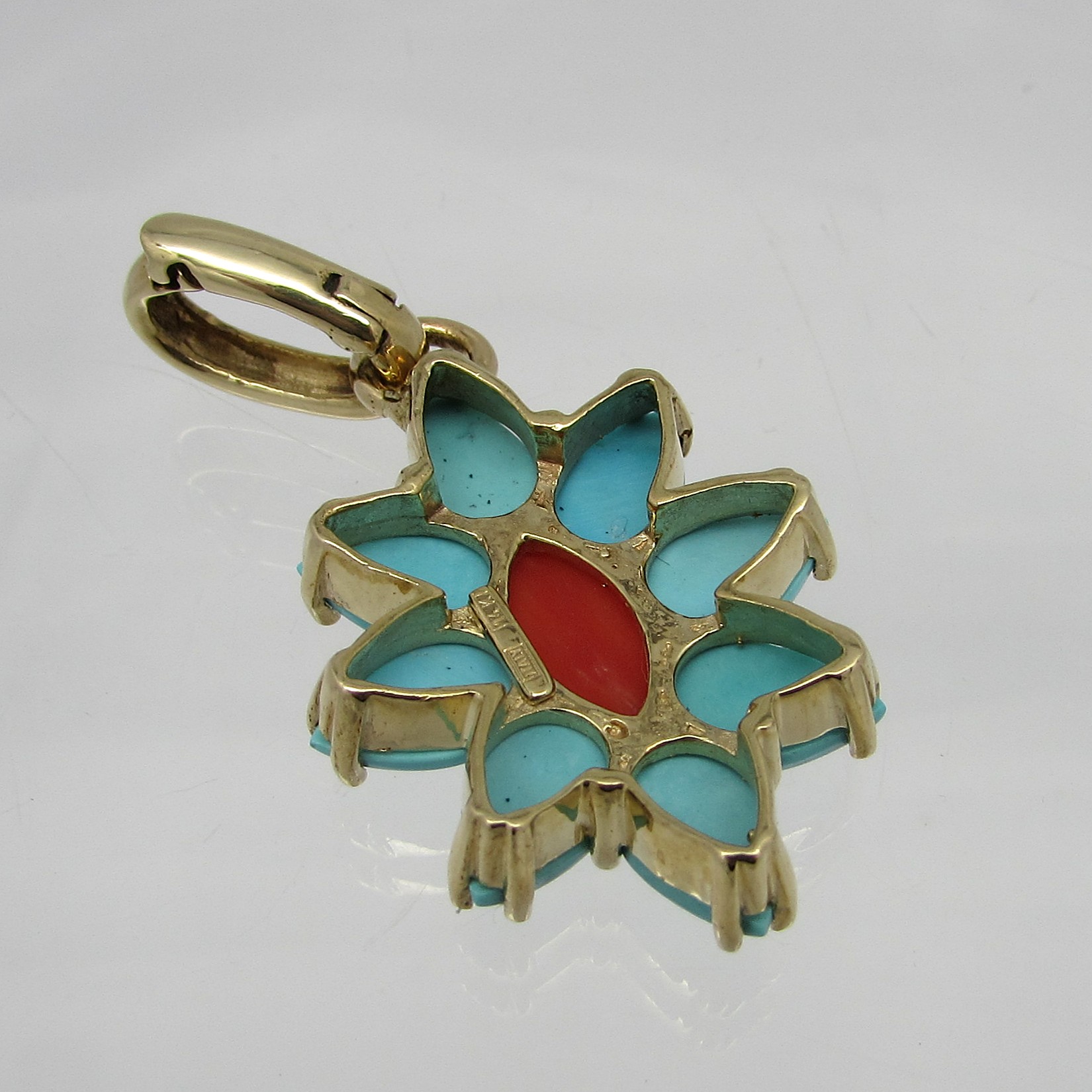 14Kt Yellow Gold Turquoise & Coral Enhancer Pendant - Image 3