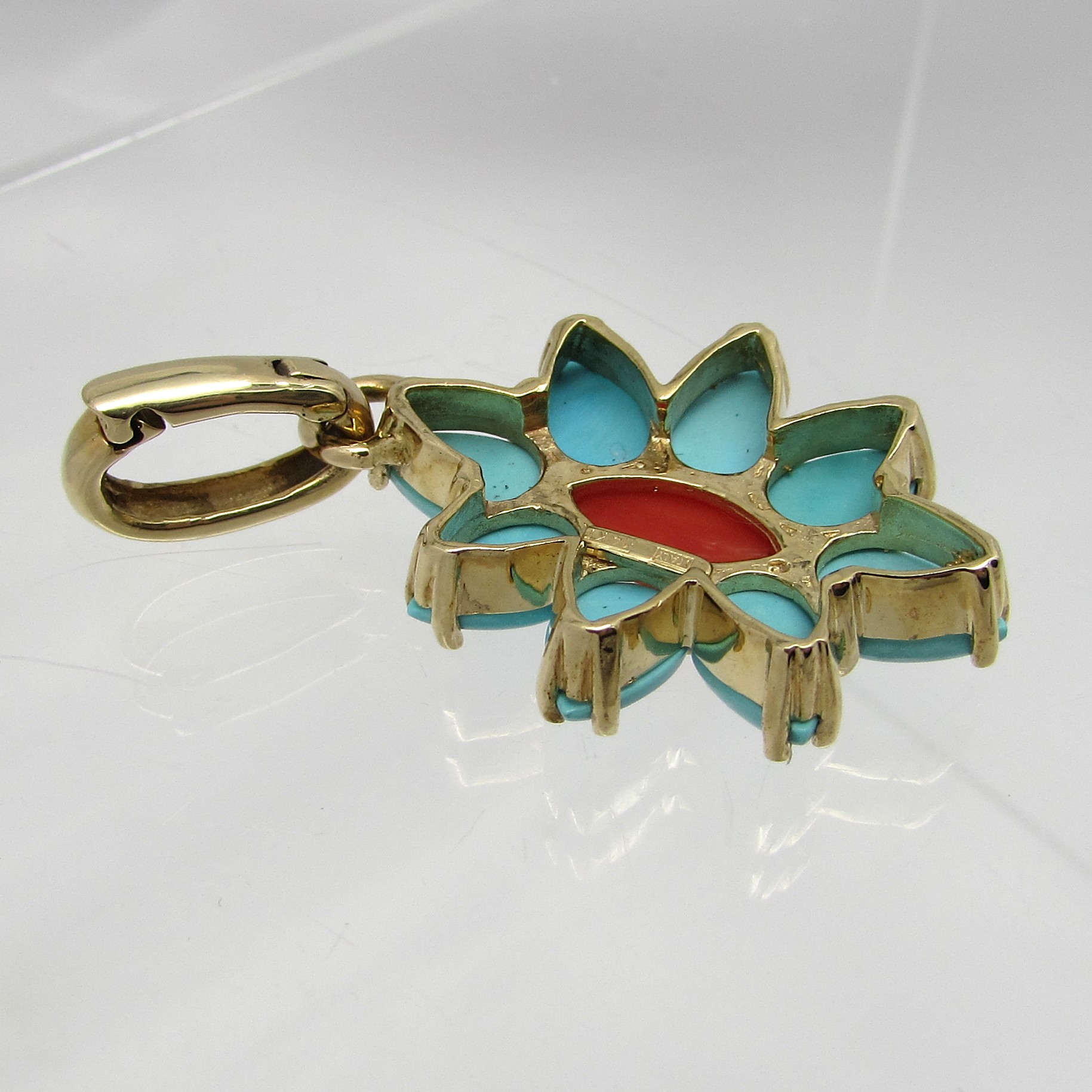 14Kt Yellow Gold Turquoise & Coral Enhancer Pendant - Image 4