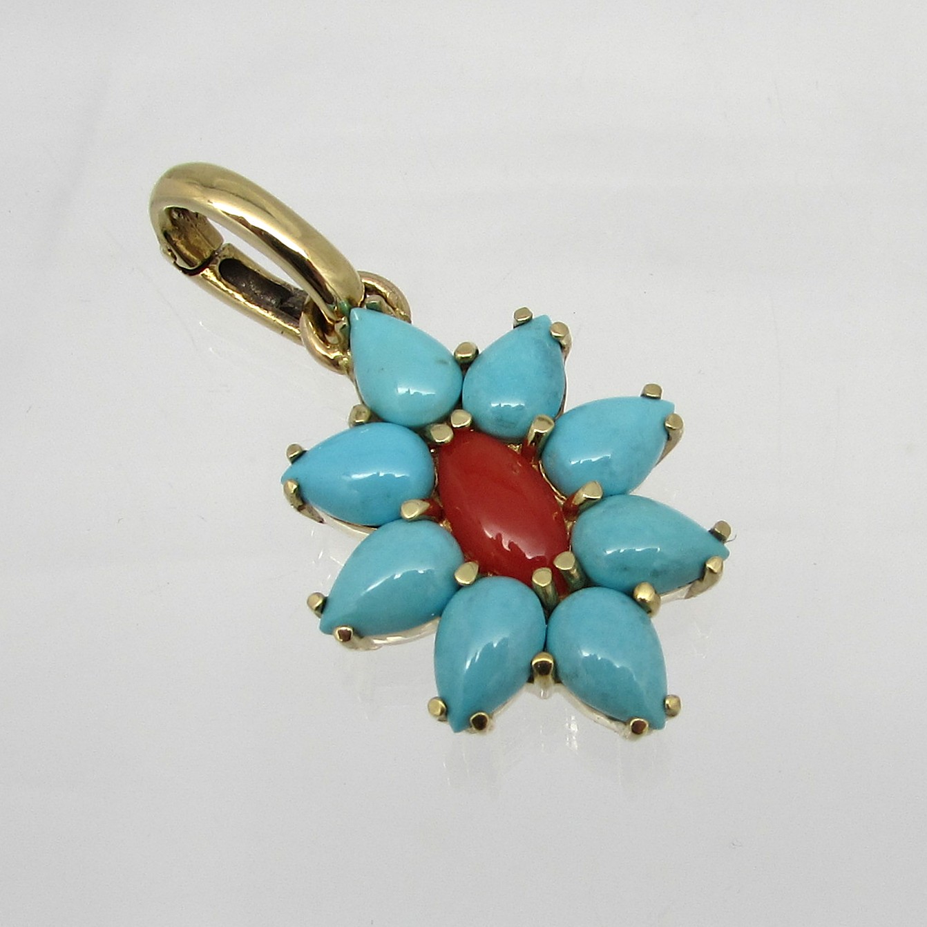 14Kt Yellow Gold Turquoise & Coral Enhancer Pendant - Image 7