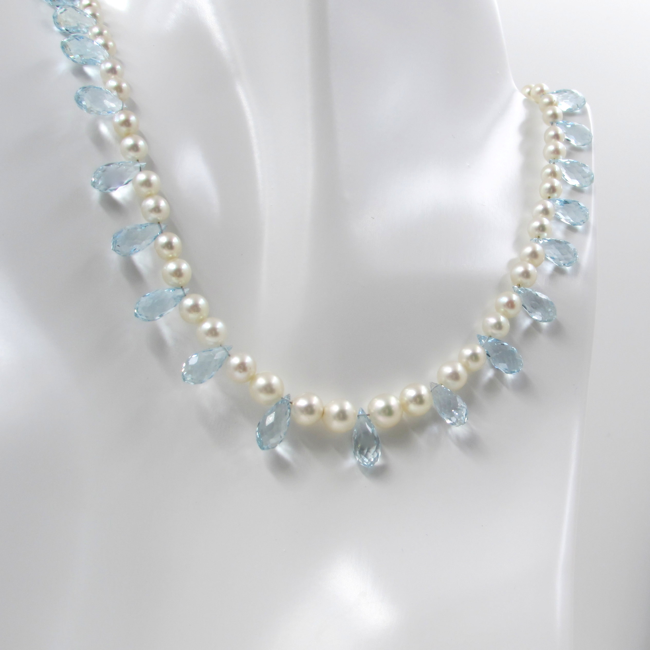 Briolette Cut Aquamarine Drop Cultured Pearl Necklace - S & K Ltd.