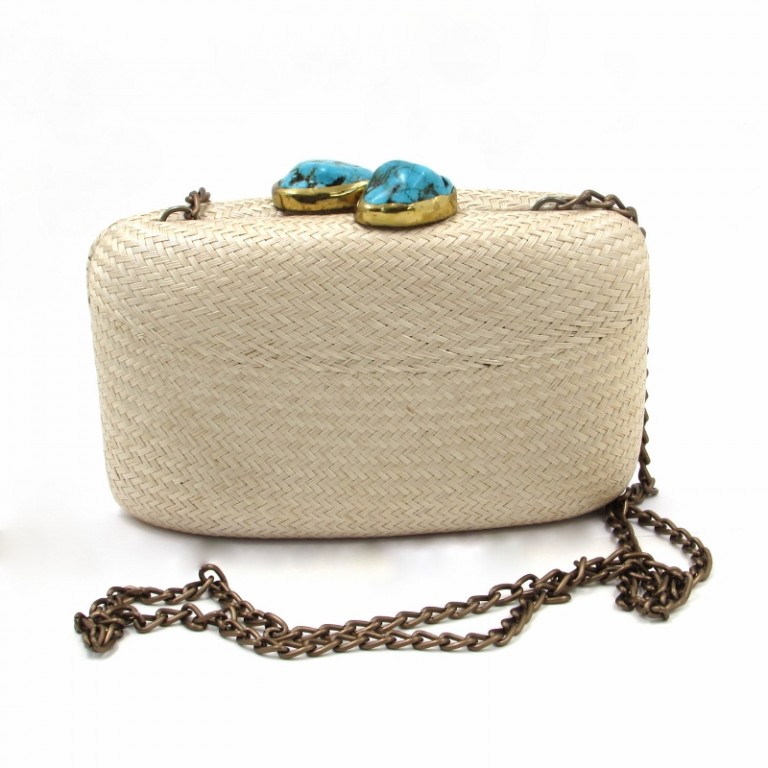 Ivory Buntal Bag with Turqouise Stones By Marjorie Bloom Collection S