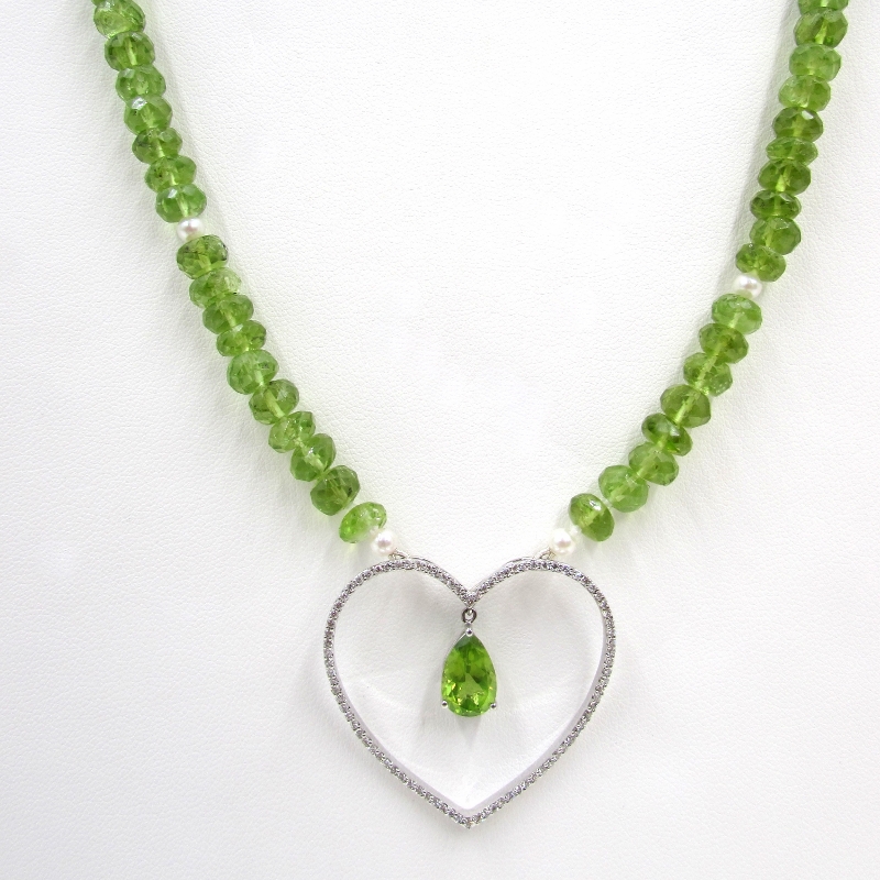 Peridot Beads, Cultivated Pearls, Diamonds & 14 kt White Gold Necklace ...