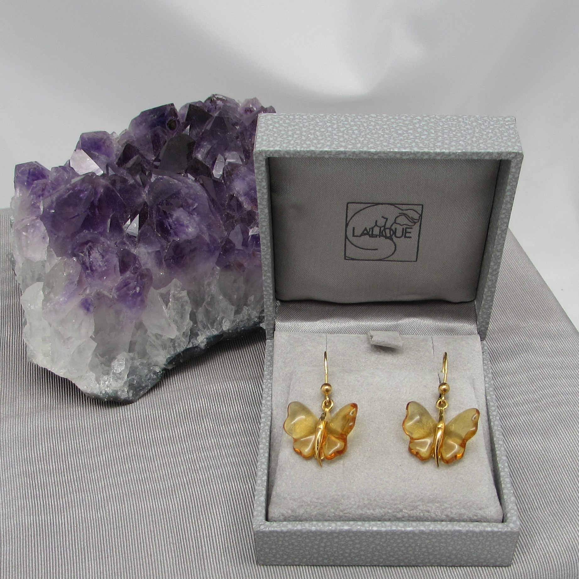 Lalique Amber Butterfly Earrings Sterling w/ 18 Kt Gold Plating