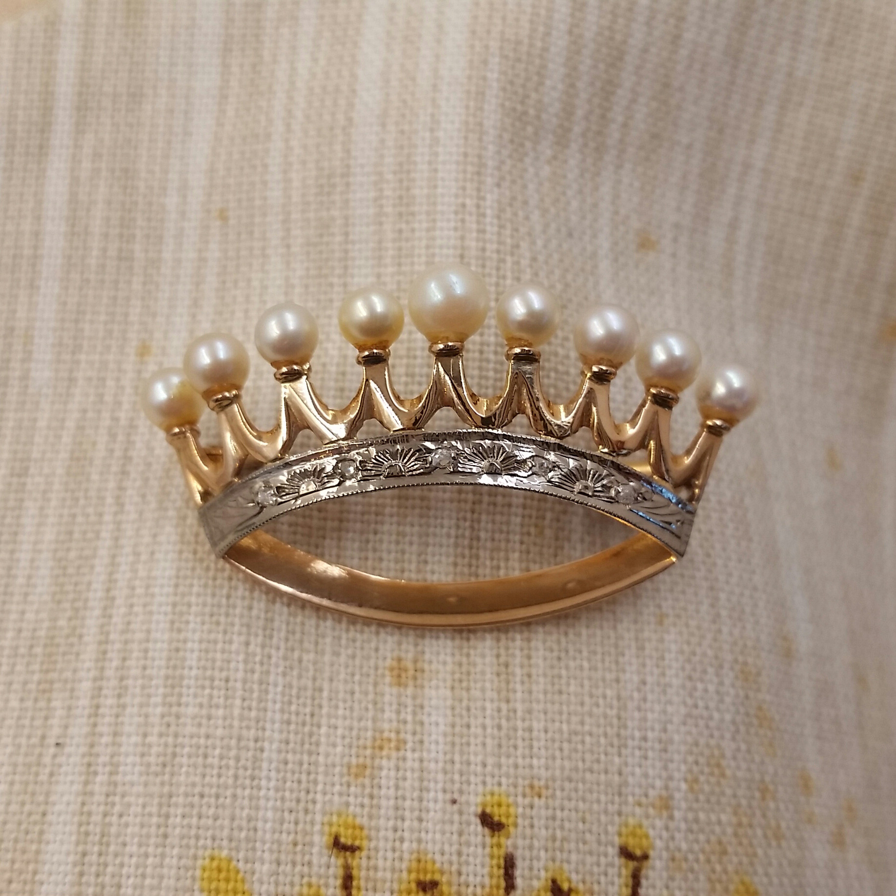 "Crown" Lapel Pin14 Karat with Pearls & Diamond S & K Ltd.