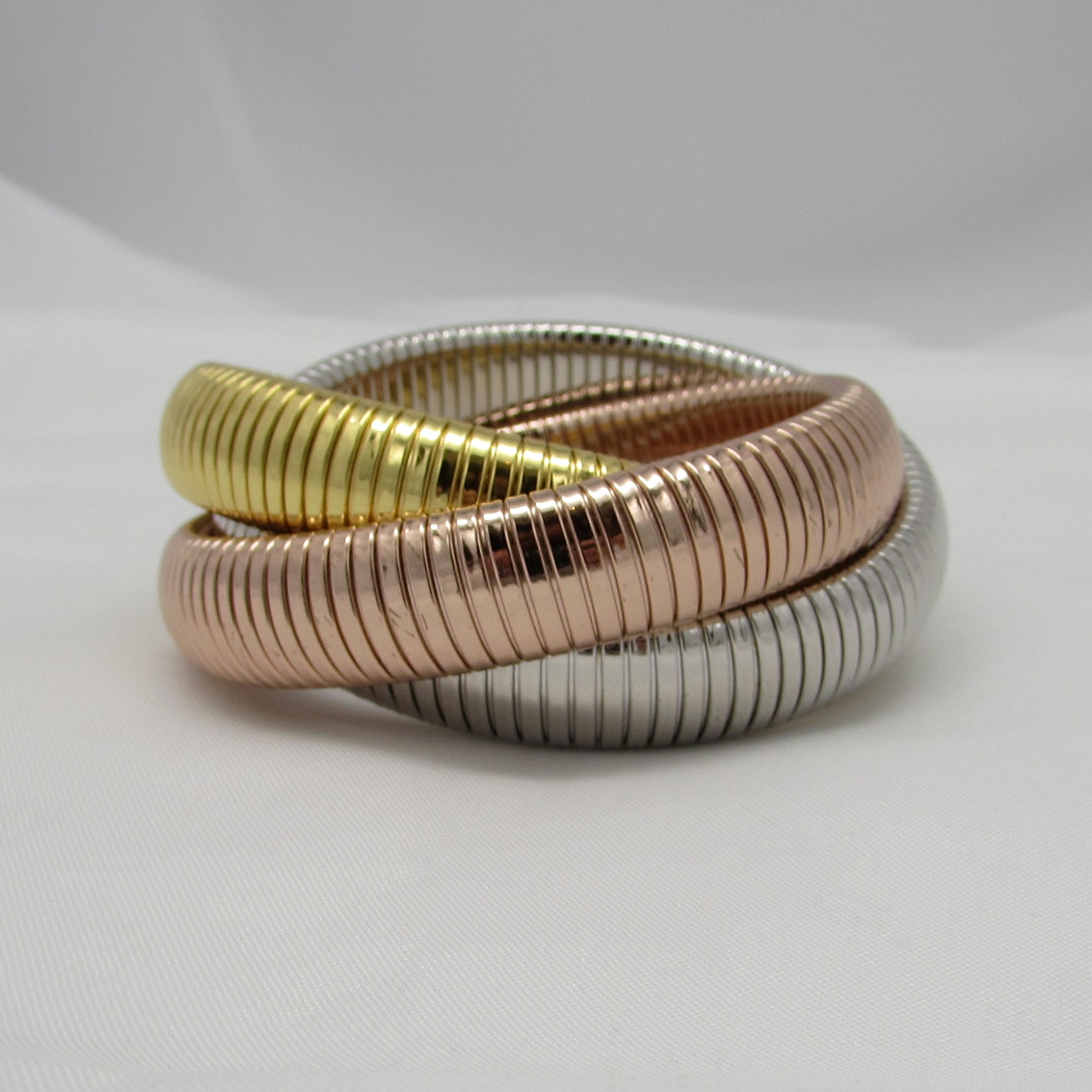 Gold, Silver & Rose Plated Triple Coil Bracelet - Image 2