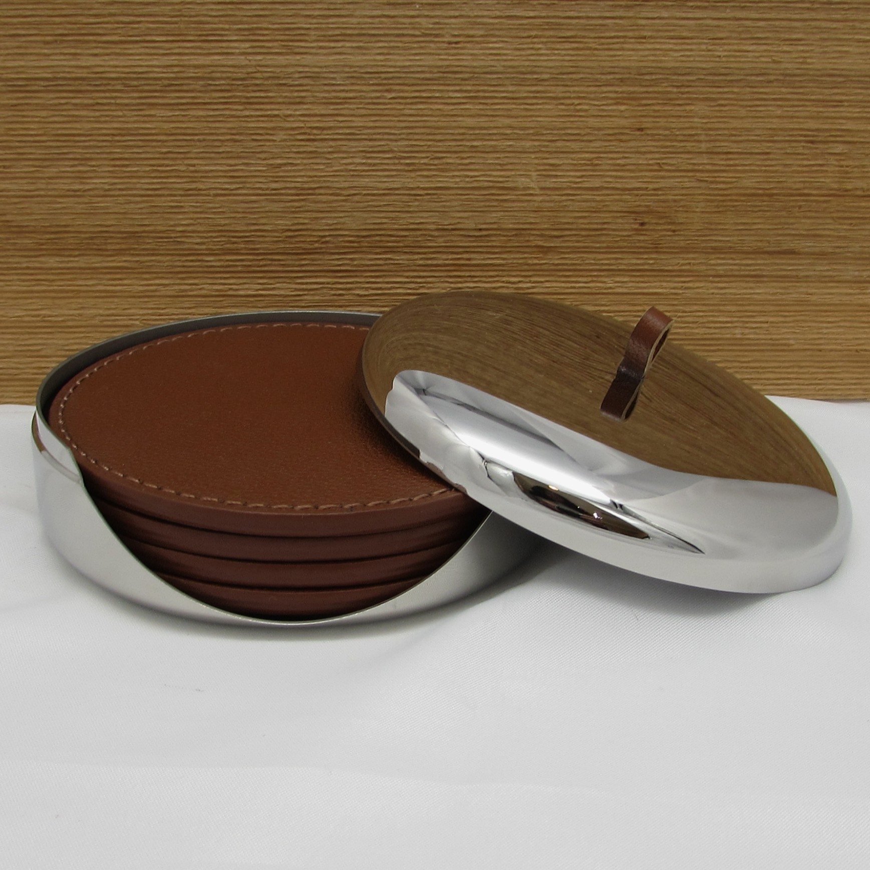 Georg Jensen "Sky" Stainless Steel & Leather Coaster Set