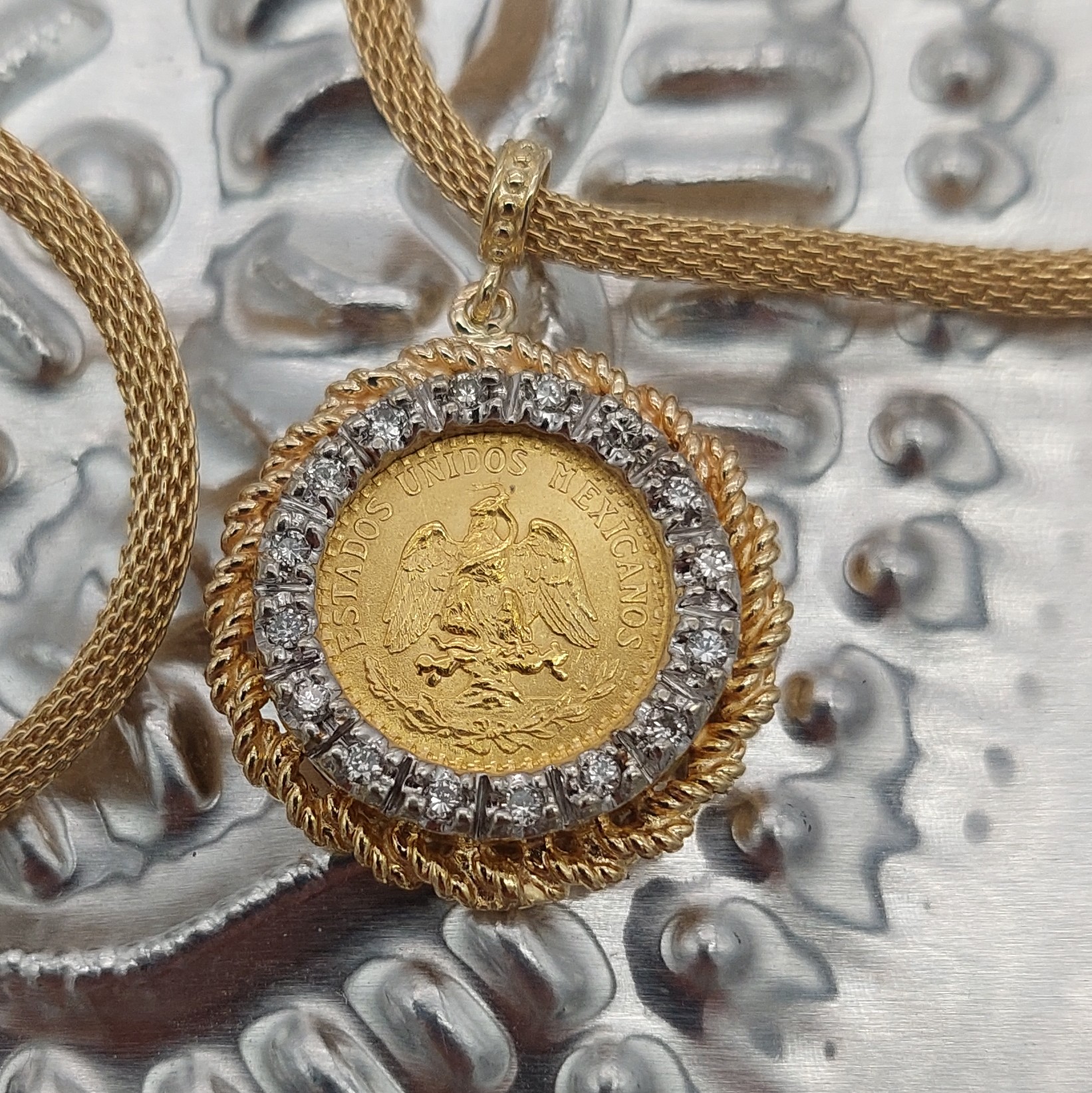 1945 Gold Pesos Coin Pendant Necklace with Diamonds - S & K Ltd.