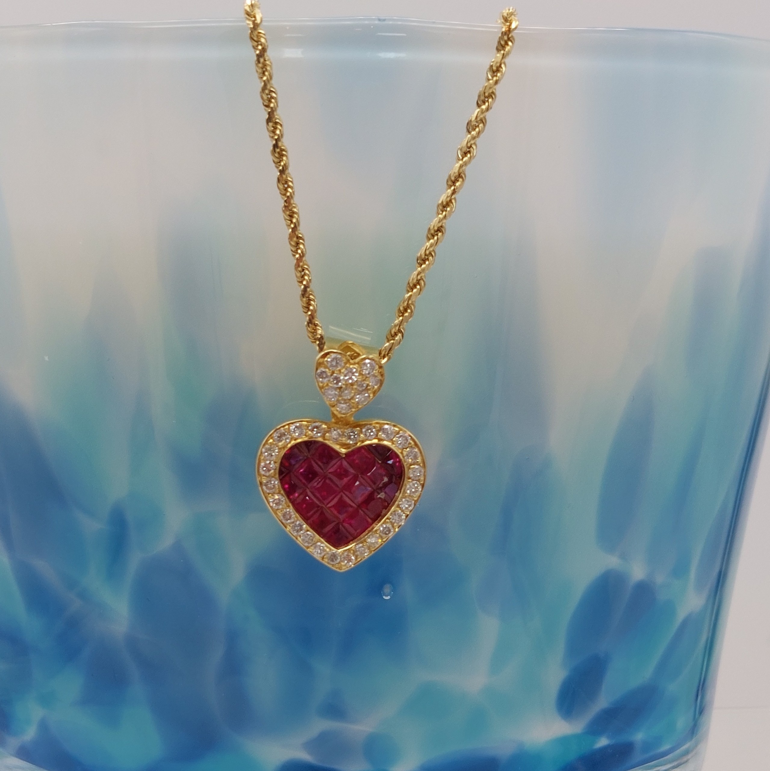 Ruby & Diamond Heart 14 Karat Yellow Gold Pendant on Rope Chain ...