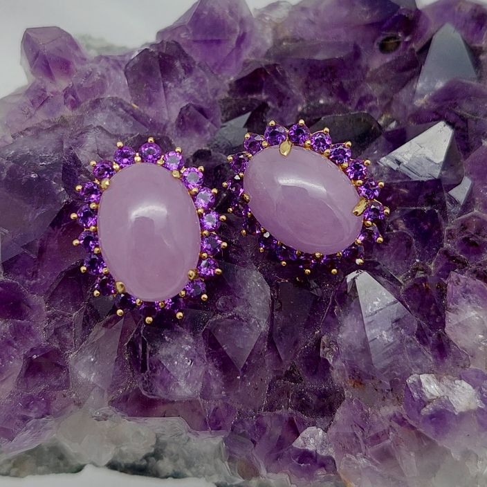 Lavender Jadeite &  Amethyst Halo Gold Earrings