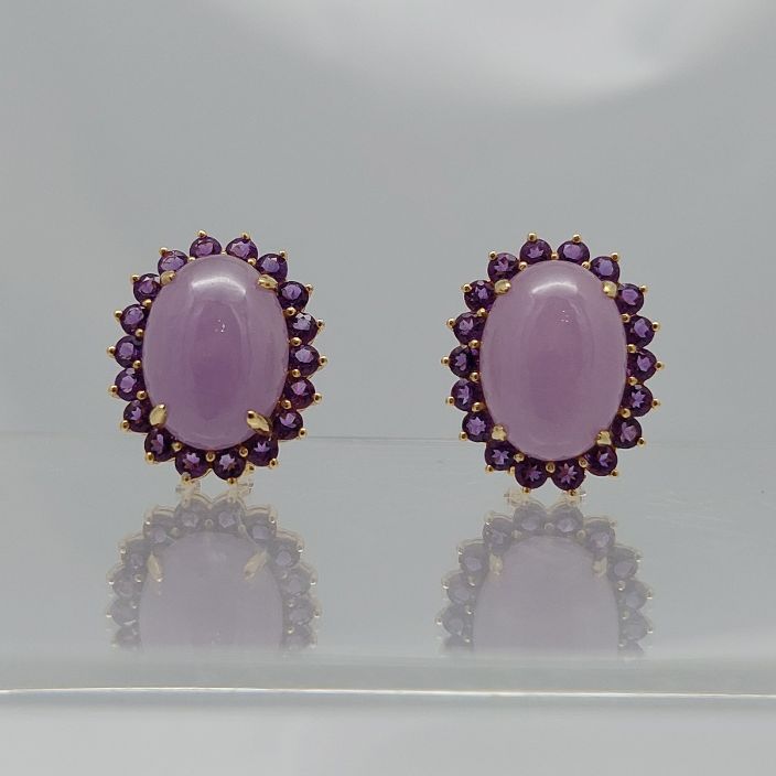 Lavender Jadeite &  Amethyst Halo Gold Earrings - Image 2