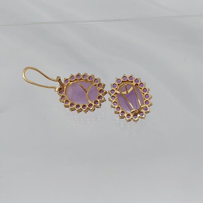 Lavender Jadeite &  Amethyst Halo Gold Earrings - Image 3