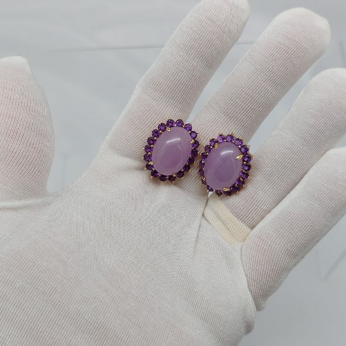 Lavender Jadeite &  Amethyst Halo Gold Earrings - Image 7