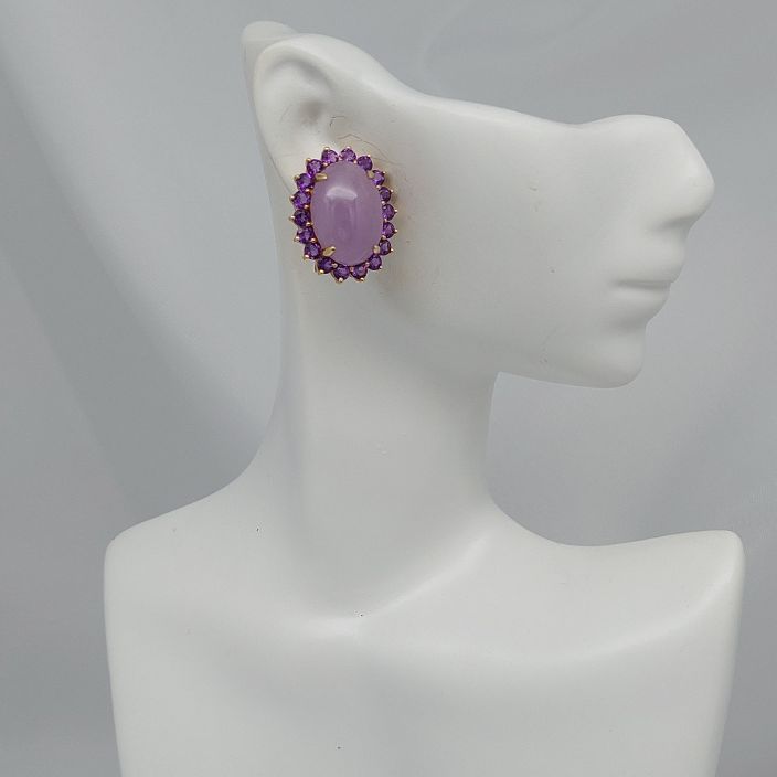 Lavender Jadeite &  Amethyst Halo Gold Earrings - Image 8