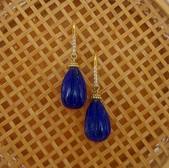 Lapis Drop & Diamond 18KT Earrings