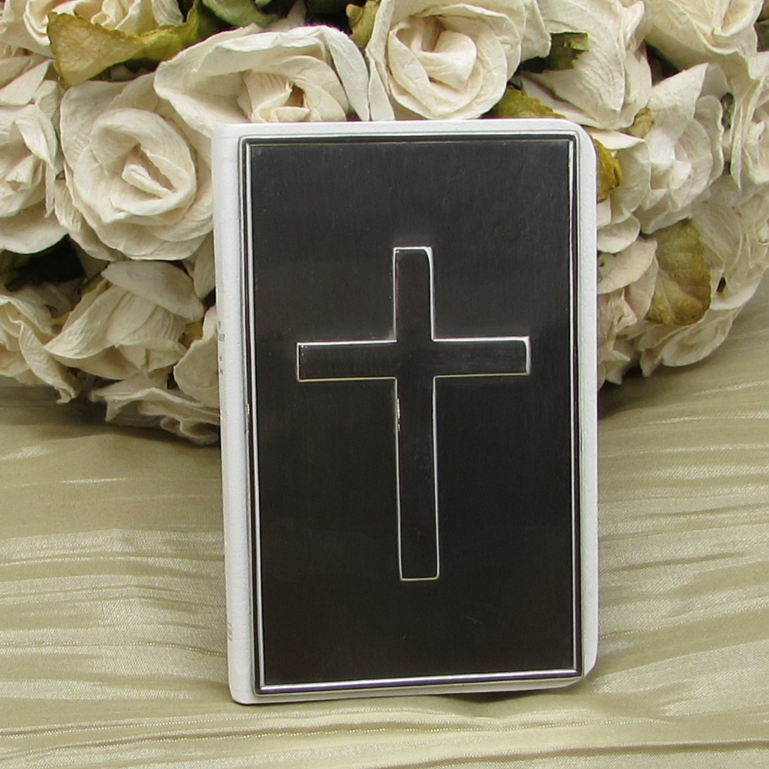 Child's White New Testament Bible with Pewter Cross Top