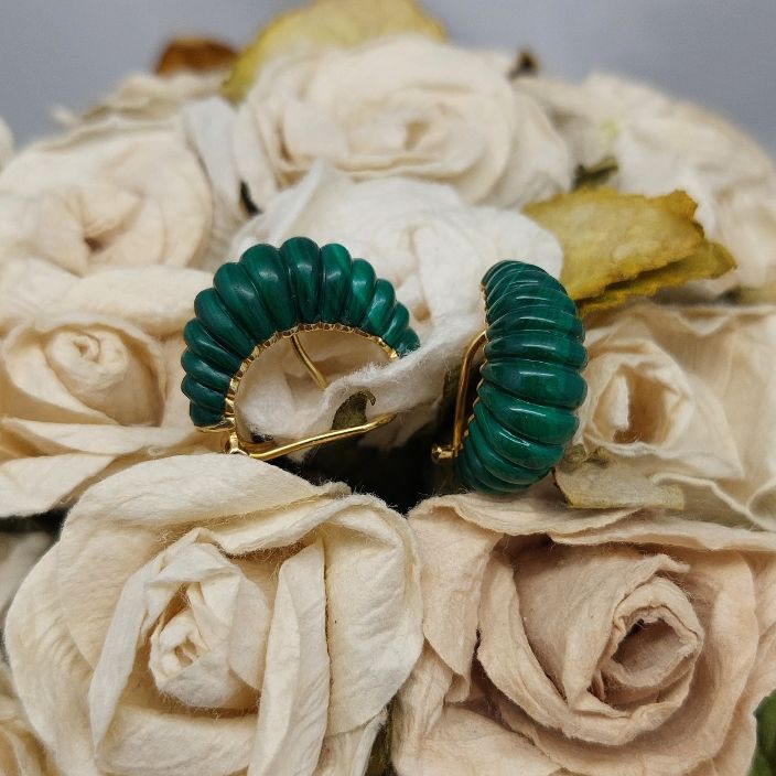 Malachite "Ridged" Half-Hoop 18KT Earrings