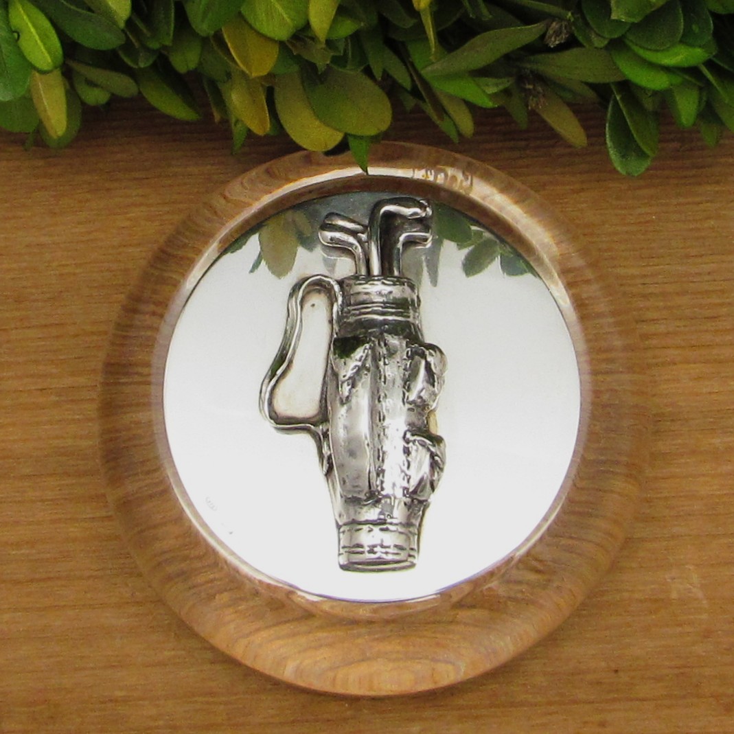 Crystal Paperweight with Sterling Golf Bag