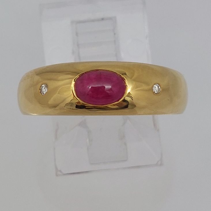 Natural Ruby Cabochon & Diamond Dome 18KT Ring - Image 2