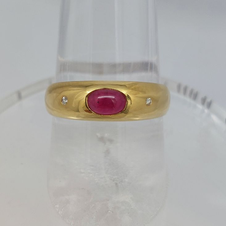 Natural Ruby Cabochon & Diamond Dome 18KT Ring - Image 3