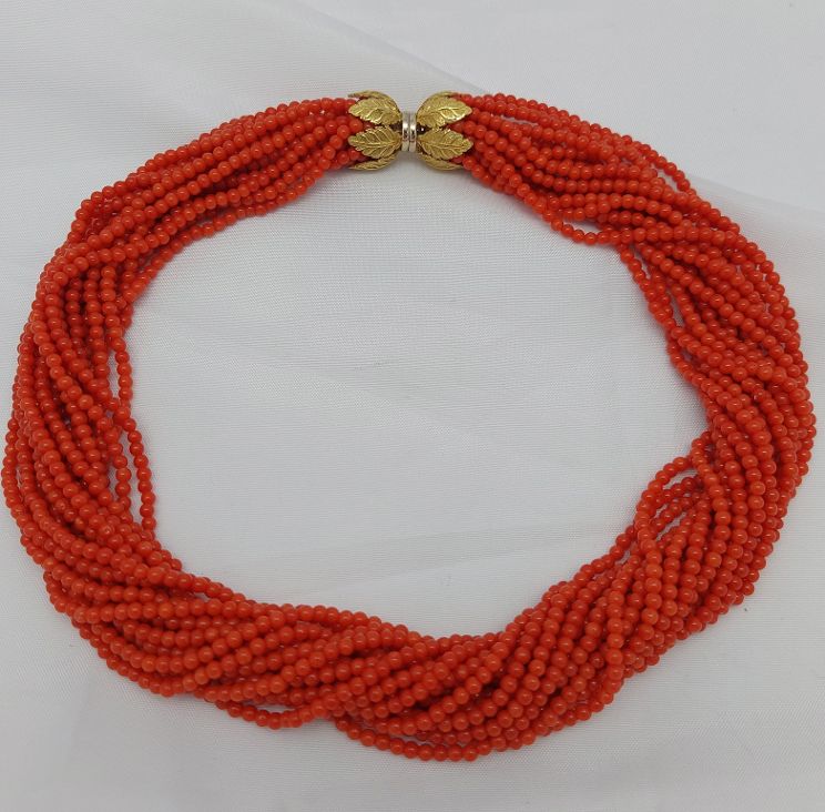 Mediterranean Coral 17 strand Necklace with 18KT Clasp